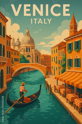 Vintage travel poster illustration of Venice, Italy featuring iconic architecture and landscapes. Retro style tourism art, perfect for travel, adventure, and wanderlust concepts.

