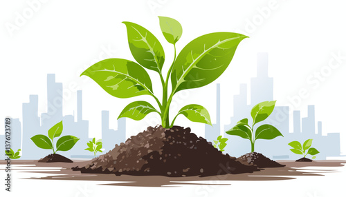 A green young plant growing in soil on white background