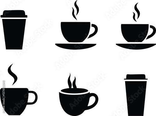 A seamless collection of coffee cup silhouettes in black and gray, featuring steaming mugs and cups on white backgrounds—perfect for café branding, menu design, or cozy decor.