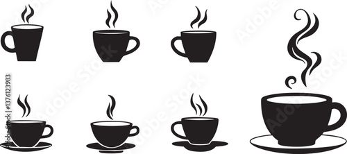 A seamless collection of coffee cup silhouettes in black and gray, featuring steaming mugs and cups on white backgrounds—perfect for café branding, menu design, or cozy decor.