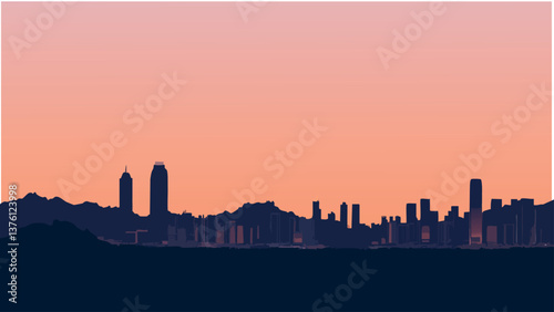 Hong Kong Skyline at Dusk with Silhouetted Skyscrapers .eps
