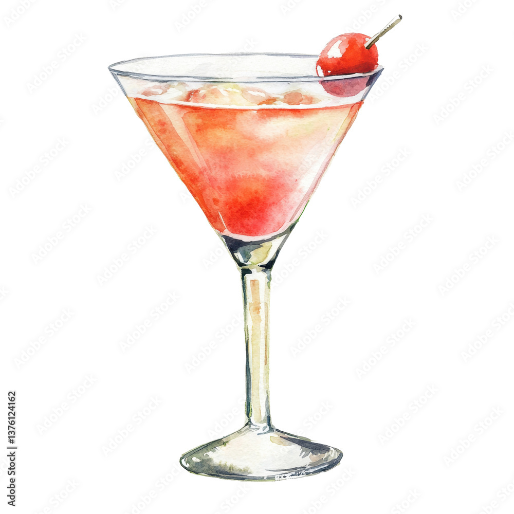 Sparkling Cocktail in a Glass with Cherry Garnish and Ice Cubes Sparkling Cocktail in a Glass with Cherry Garnish and Ice Cubes