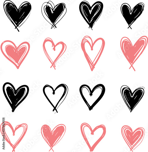 A playful collection of seamless heart patterns in red, black, pink, and blue tones, featuring hand-drawn and filled heart shapes on white backgrounds for romantic or decorative designs.