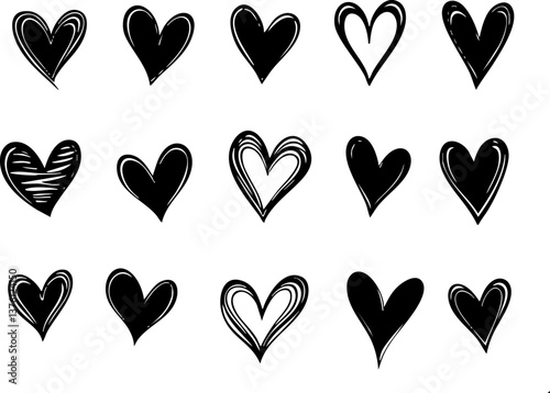 A playful collection of seamless heart patterns in red, black, pink, and blue tones, featuring hand-drawn and filled heart shapes on white backgrounds for romantic or decorative designs.
