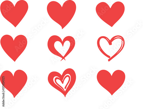 A playful collection of seamless heart patterns in red, black, pink, and blue tones, featuring hand-drawn and filled heart shapes on white backgrounds for romantic or decorative designs.
