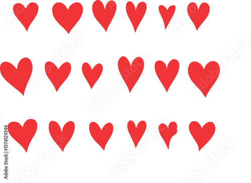 A playful collection of seamless heart patterns in red, black, pink, and blue tones, featuring hand-drawn and filled heart shapes on white backgrounds for romantic or decorative designs.