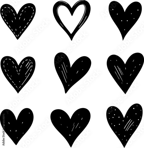 A playful collection of seamless heart patterns in red, black, pink, and blue tones, featuring hand-drawn and filled heart shapes on white backgrounds for romantic or decorative designs.