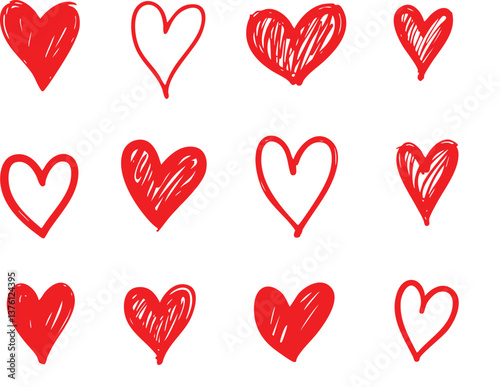 A playful collection of seamless heart patterns in red, black, pink, and blue tones, featuring hand-drawn and filled heart shapes on white backgrounds for romantic or decorative designs.