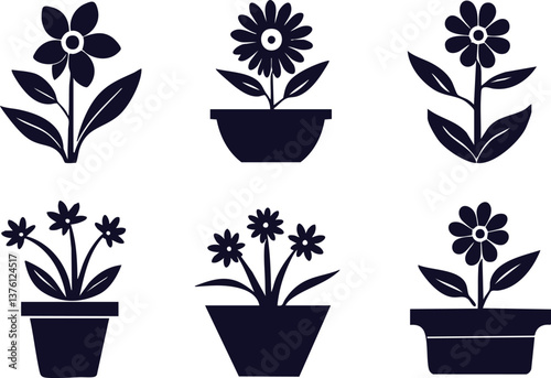 A set of minimalist potted plant illustrations in blue and black line art styles, featuring botanical elements and floral motifs on clean white backgrounds.