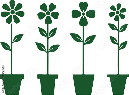 A set of minimalist potted plant illustrations in blue and black line art styles, featuring botanical elements and floral motifs on clean white backgrounds.