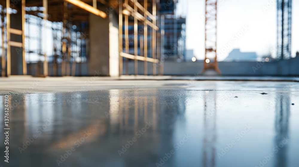 Construction site with fresh concrete floor and crane in background, symbolizing progress and industrial development. Construction site with fresh concrete floor and crane in background, symbolizing progress and industrial development.