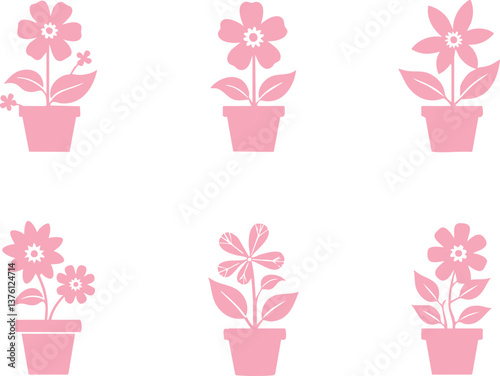 A collection of black floral and potted plant silhouettes arranged in simple, minimalistic patterns on white backgrounds, perfect for decorative and design projects.