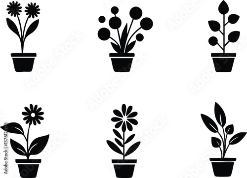 A collection of black floral and potted plant silhouettes arranged in simple, minimalistic patterns on white backgrounds, perfect for decorative and design projects.