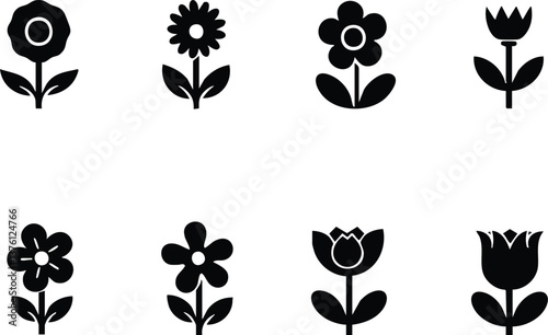 A collection of black floral and potted plant silhouettes arranged in simple, minimalistic patterns on white backgrounds, perfect for decorative and design projects.