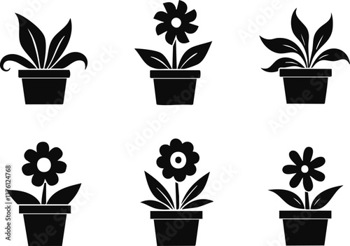 A collection of black floral and potted plant silhouettes arranged in simple, minimalistic patterns on white backgrounds, perfect for decorative and design projects.
