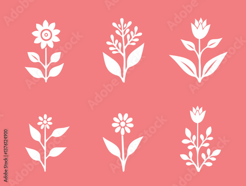 A collection of black floral and potted plant silhouettes arranged in simple, minimalistic patterns on white backgrounds, perfect for decorative and design projects.