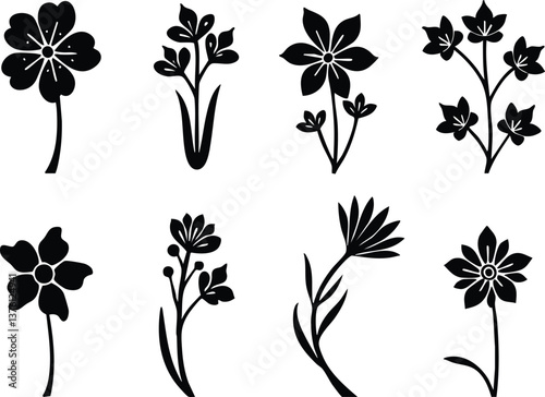A collection of black floral and potted plant silhouettes arranged in simple, minimalistic patterns on white backgrounds, perfect for decorative and design projects.