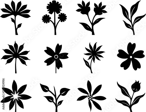 A collection of black floral and potted plant silhouettes arranged in simple, minimalistic patterns on white backgrounds, perfect for decorative and design projects.