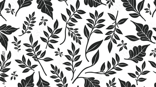 A set of six seamless botanical patterns featuring floral and leafy silhouettes in black, green, and pink on white backgrounds, ideal for textile or graphic design.