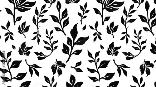 A set of six seamless botanical patterns featuring floral and leafy silhouettes in black, green, and pink on white backgrounds, ideal for textile or graphic design.