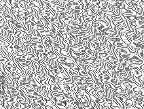 A hypnotic black-and-white wavy line pattern creating an optical illusion of depth and movement – abstract