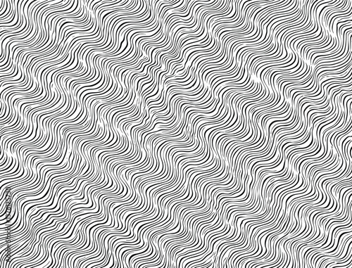 A hypnotic black-and-white wavy line pattern creating an optical illusion of depth and movement – abstract