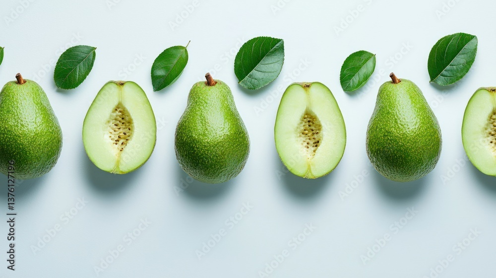 A neatly arranged row of whole guava fruits and slices, on a plain white background, minimalistic. 