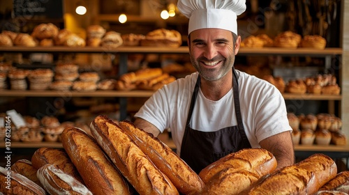 Friendly baker with fresh artisan bread in a traditional bakery setting
