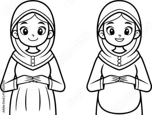 Cartoon Muslim Woman in Hijab, Outline Style, Transparent Background, Two Variations