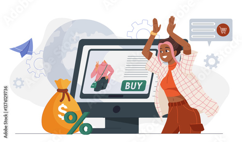 Happy woman shopping online deal success. Vector illustration