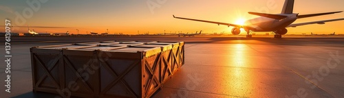 Cargo crate awaiting transfer to airplane at sunset dynamic airport logistics warm light casting long shadows global transport and trade theme serene atmosphere. Golden hour shipment.