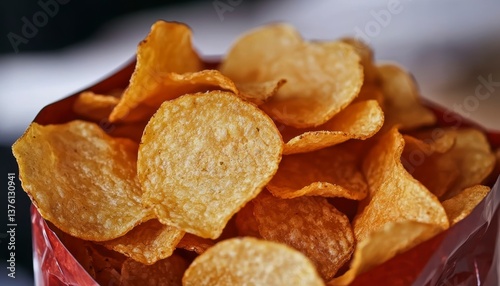 Close up of potato chips overflowing from a bag rich colors and high detail no ideal for portraying unhealthy snacking focus on crisp texture focus cover all object. Crispy snacks