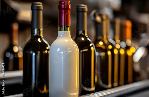 Close up of white wine bottle filling line and red wine bottles on conveyor belts minimalistic design photorealistic detail in a wine factory. Wine bottling plant scene.