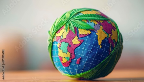 Close up view of a globe wrapped in cannabis leaves depicting the global impact of medical cannabis. World health plant impact.
