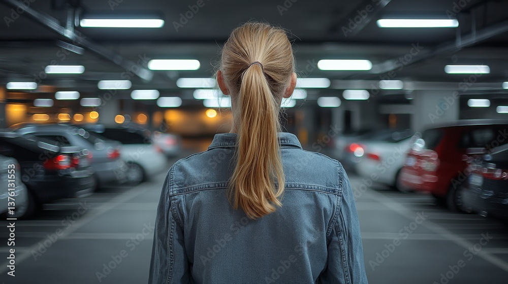 Fototapeta premium Blonde Woman Walks Away in Underground Parking Garage with Motion Blur