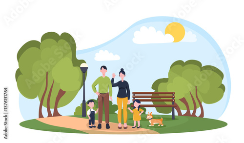Family in park on sunny day. Vector illustration