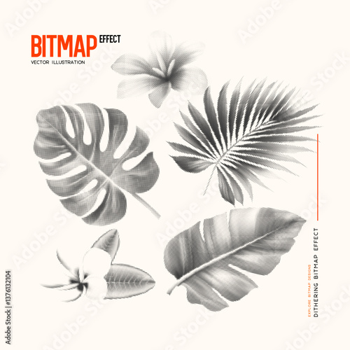 Set of tropical leaves and flowers with halftone effect. Exotic jungle leaves for summer jungle vintage retro design. Trendy vector illustration.