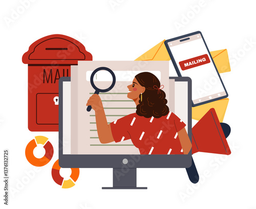 Woman analyzing digital mail on screen. Vector illustration