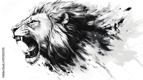 Mighty Roar of the King   Powerful Lion Portrait in Monochrome Splash