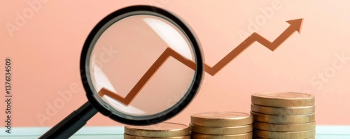 Simple SEO graphic with a magnifying glass and upward trend highlighting strategies for boosting website rankings and online visibility. Search boost website success. photo
