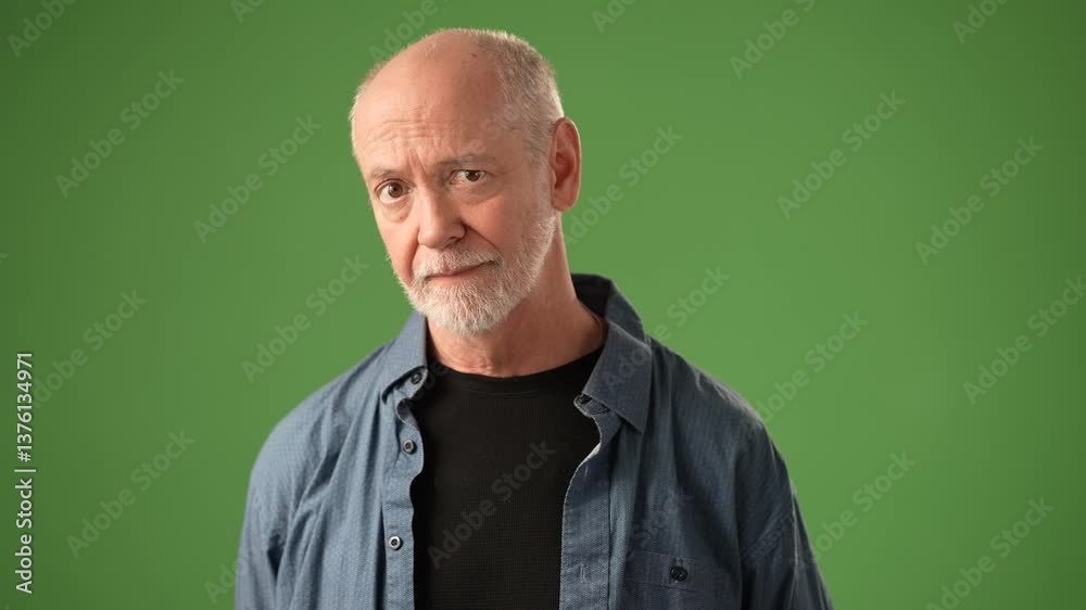 POV of mature man with a beard gestures expressively while standing against a solid green screen backdrop, showcasing a range of emotions and engagement. POV of mature man with a beard gestures expressively while standing against a solid green screen backdrop, showcasing a range of emotions and engagement.