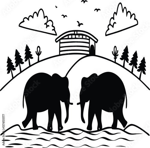  The elephants are side by side, walking slowly with their trunks gently swinging