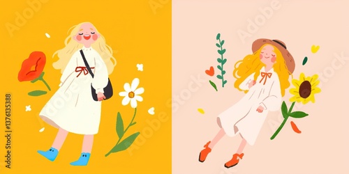 Two cheerful illustrations of a young woman enjoying the embrace of nature's bloom. Expressing an optimistic spirit, the visuals are brimming with vibrant colors and inviting details.