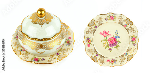 Vintage porcelain candy bowls on a beautiful plate and a vintage porcelain plate isolated on white background.