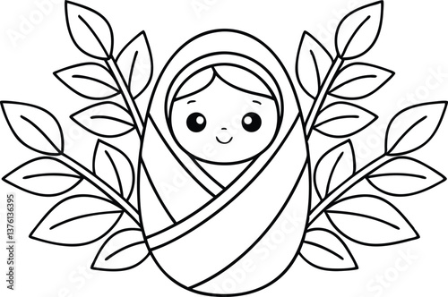 Cute Swaddled Baby Outline with Leaves on Transparent Background Design