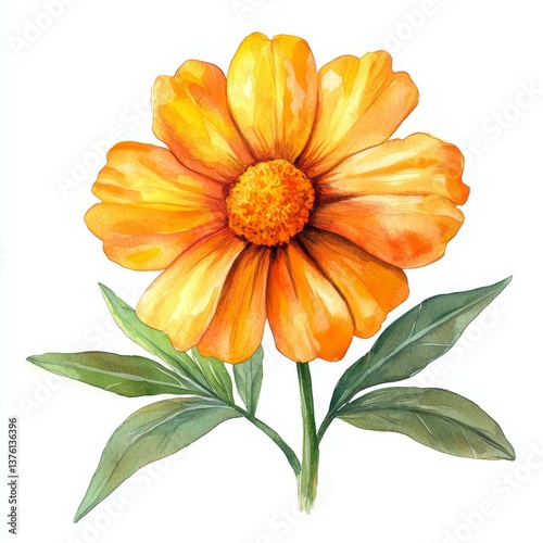 Watercolor Marigold Blossom with Verdant Leaves Artistic Botanical Illustration on White Canvas photo