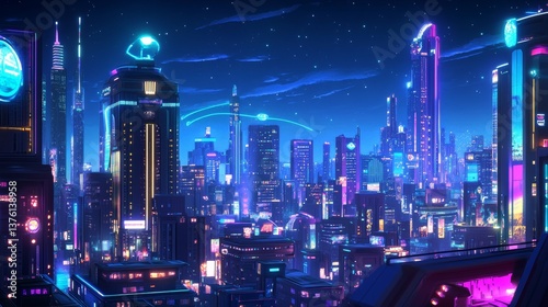 Wallpaper Mural Cartoon futuristic city. Metropolis future building architecture, cyberpunk neon town night landscape modern office skyscraper, cityscape game background swanky vector illustration Torontodigital.ca