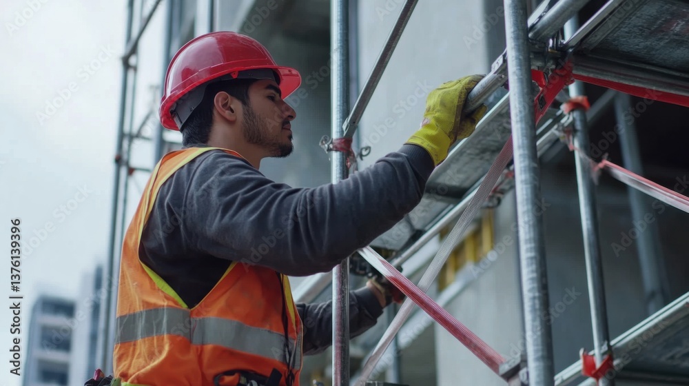 A Hispanic construction worker securing scaffolding at a building site. Featuring safety and teamwork A Hispanic construction worker securing scaffolding at a building site. Featuring safety and teamwork