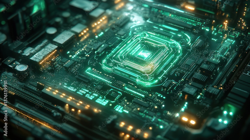 Fototapeta premium Advanced Circuit Board with Illuminated Chip, Tech Background