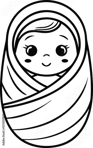 Outline Swaddled Baby with Smiling Face in Transparent Background